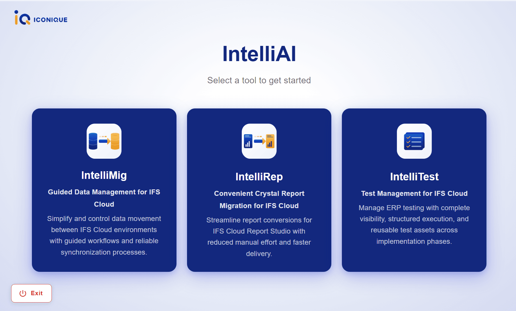 IntelliAI platform — choose IntelliMig, IntelliRep, or IntelliTest
